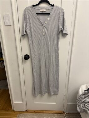 LOFT Light Gray Ribbed Henley Midi Dress